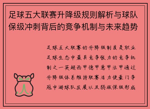 足球五大联赛升降级规则解析与球队保级冲刺背后的竞争机制与未来趋势